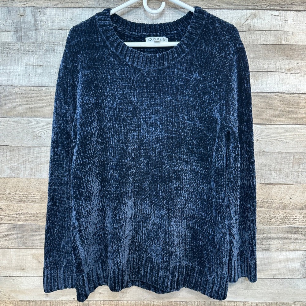 ORVIS Womens Navy Blue Chenille Sweater Large Crew Neck Cozy Soft
